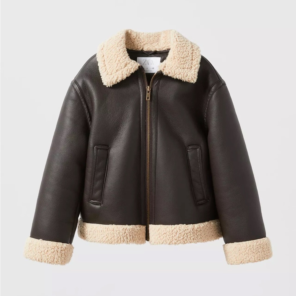 Zara Girls Faux Leather Dark Brown Aviator Jacket with Faux Shearling Accent